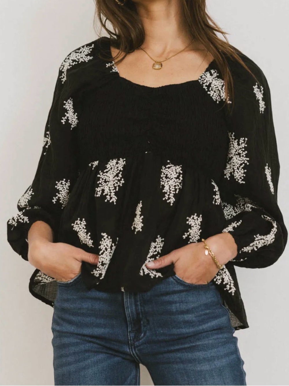 Black Textured Puff-Sleeve Women's Top